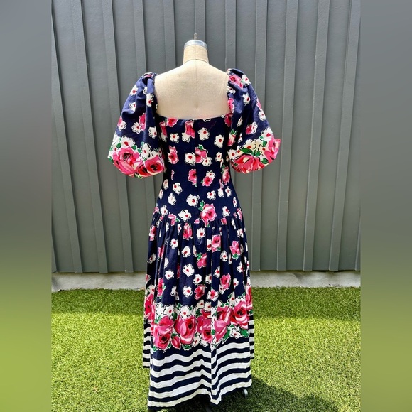 1980s puff sleeve Leslie Lucks floral & stripes dress - Picture 6 of 15
